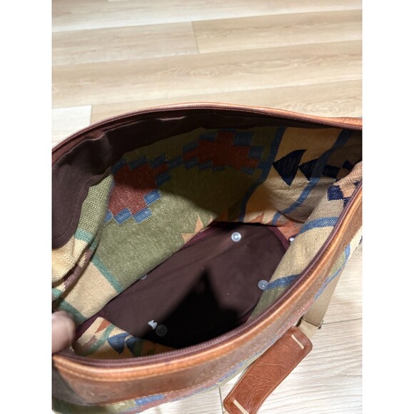 vintage Large Boho Tote Bag Crossbody Strap Aztec Weave Brown Leather Trim - Picture 6 of 7